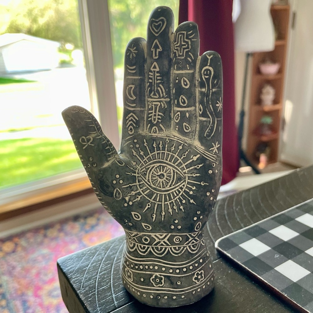 Spiritual Decorative Symbols Hand, Distressed Black and White, 5.5” x 3” NWT!